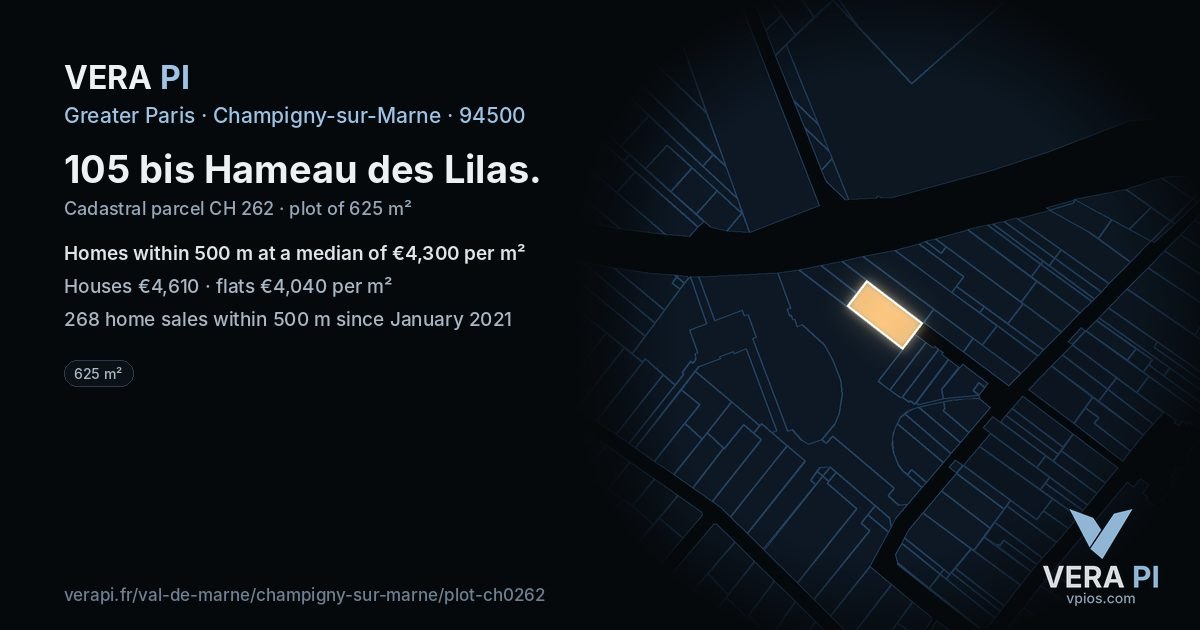 105 bis Hameau des Lilas, Champigny-sur-Marne at night – the plot lit, the parcels around coloured by the prices near them