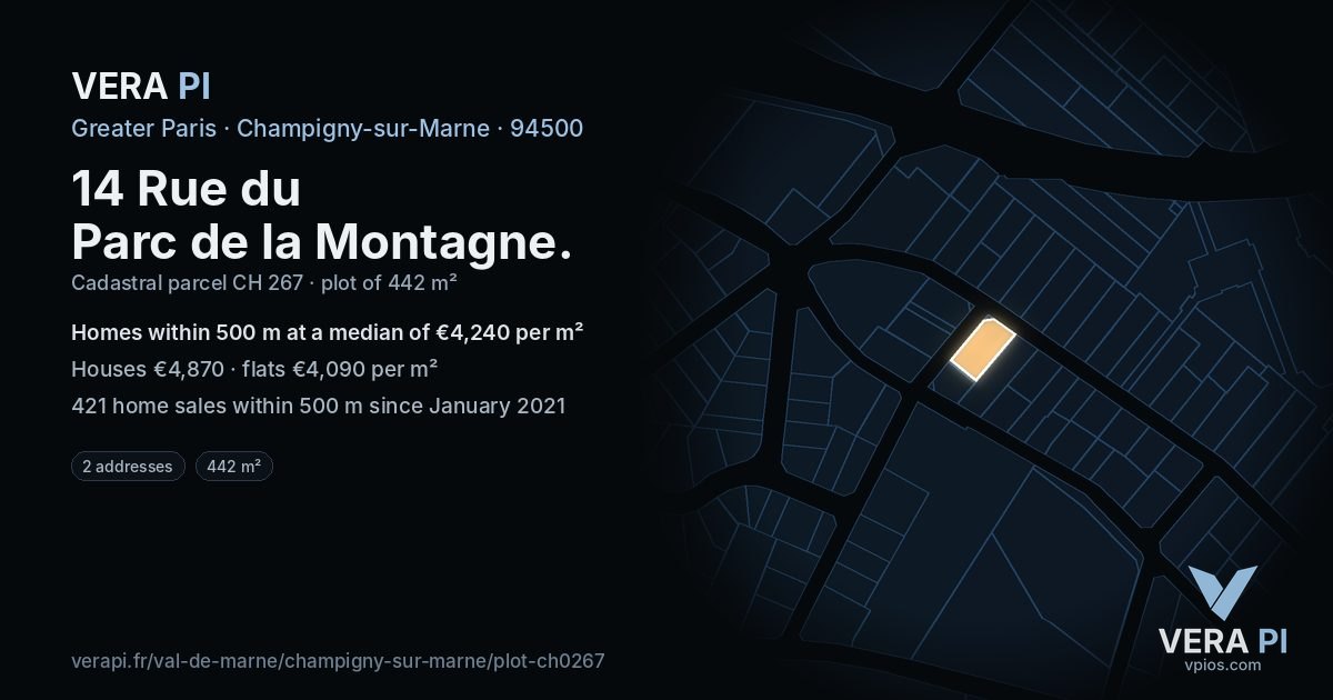 14 Rue du Parc de la Montagne, Champigny-sur-Marne at night – the plot lit, the parcels around coloured by the prices near them