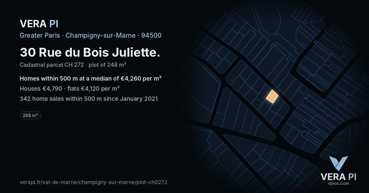 30 Rue du Bois Juliette, Champigny-sur-Marne at night – the plot lit, the parcels around coloured by the prices near them