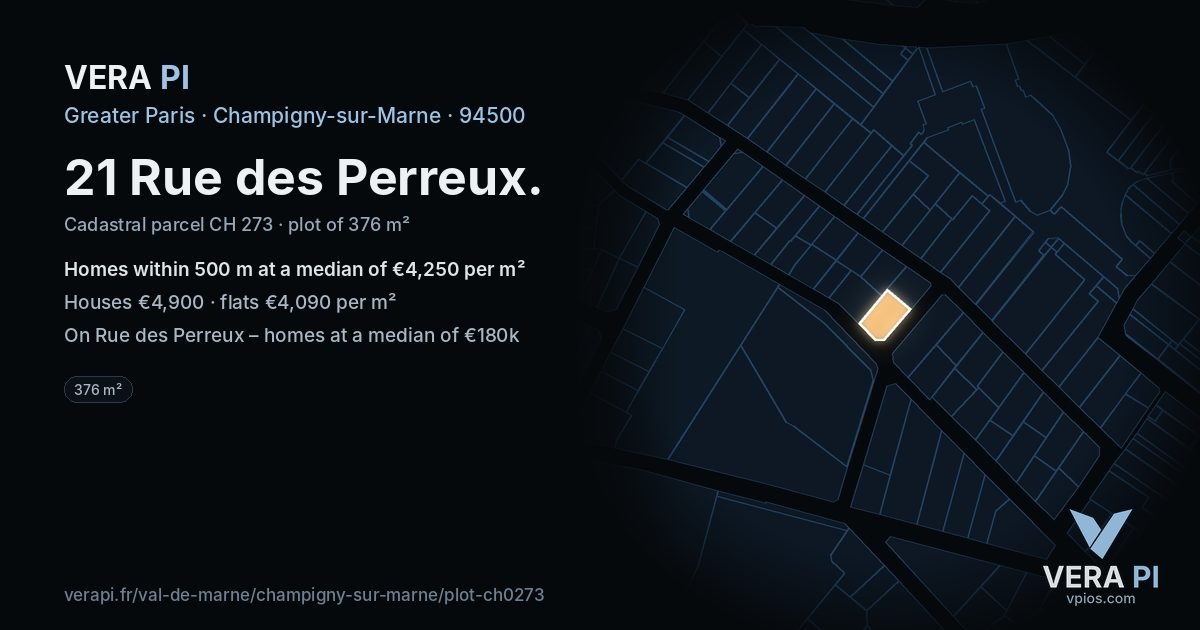 21 Rue des Perreux, Champigny-sur-Marne at night – the plot lit, the parcels around coloured by the prices near them