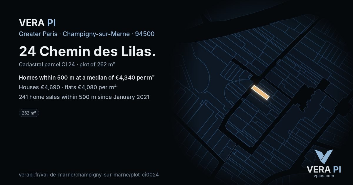 24 Chemin des Lilas, Champigny-sur-Marne at night – the plot lit, the parcels around coloured by the prices near them