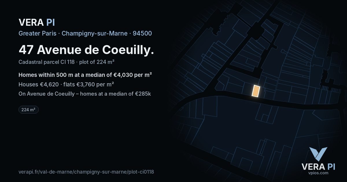 47 Avenue de Coeuilly, Champigny-sur-Marne at night – the plot lit, the parcels around coloured by the prices near them
