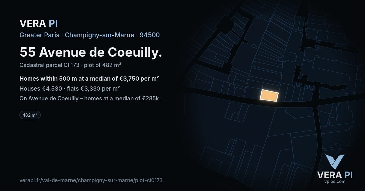 55 Avenue de Coeuilly, Champigny-sur-Marne at night – the plot lit, the parcels around coloured by the prices near them