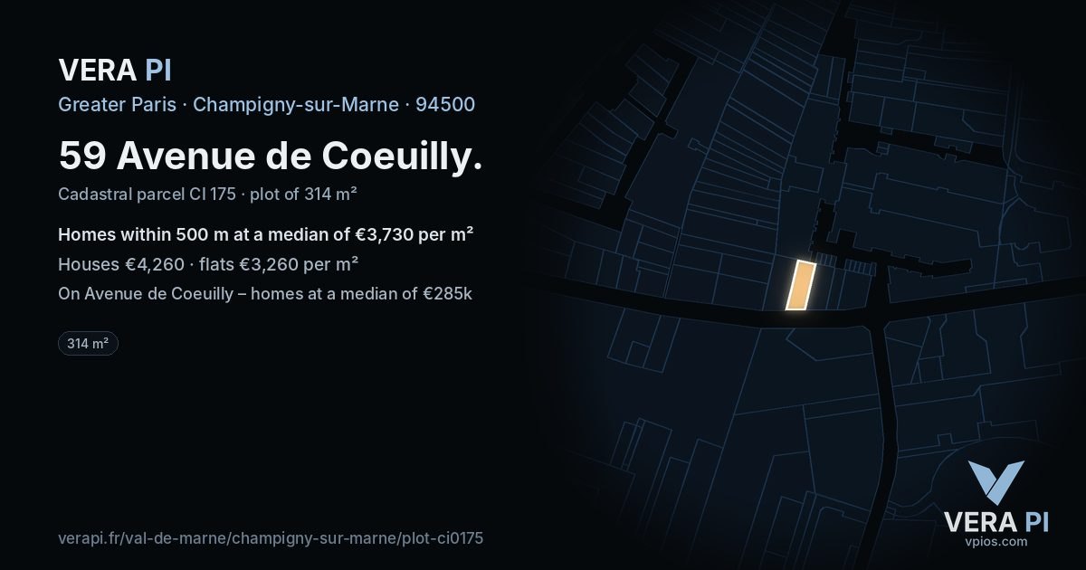 59 Avenue de Coeuilly, Champigny-sur-Marne at night – the plot lit, the parcels around coloured by the prices near them