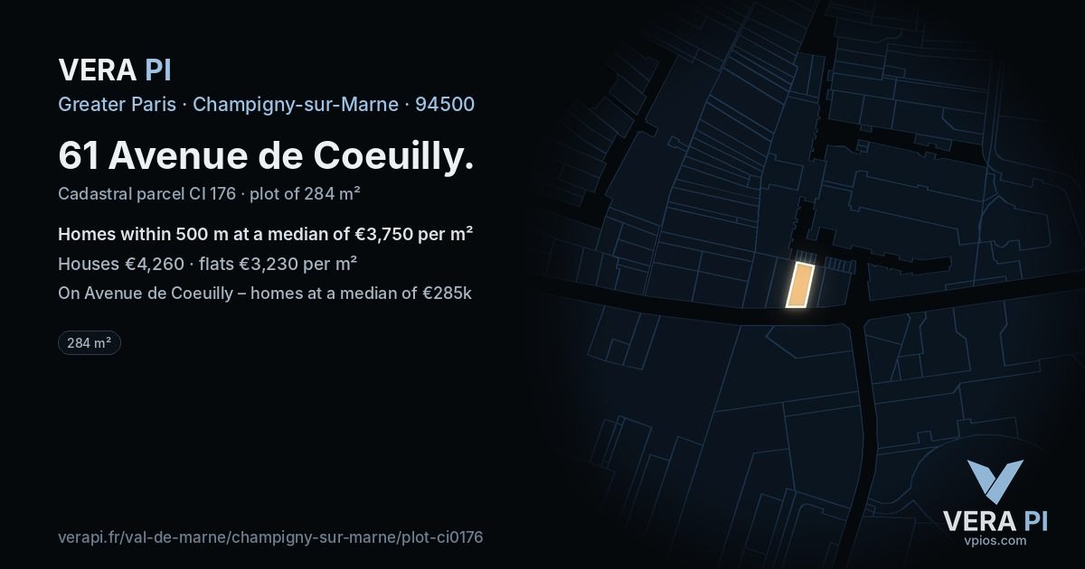 61 Avenue de Coeuilly, Champigny-sur-Marne at night – the plot lit, the parcels around coloured by the prices near them