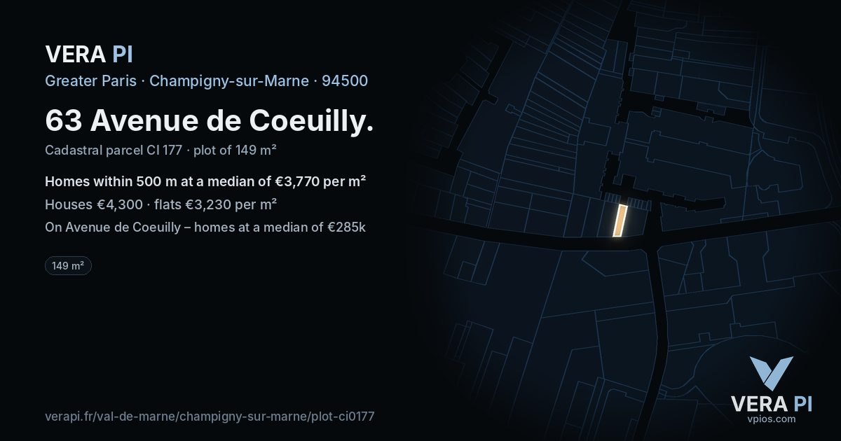 63 Avenue de Coeuilly, Champigny-sur-Marne at night – the plot lit, the parcels around coloured by the prices near them
