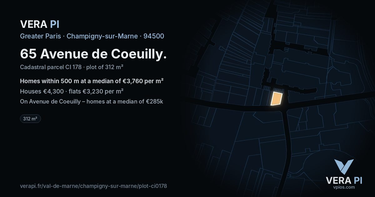 65 Avenue de Coeuilly, Champigny-sur-Marne at night – the plot lit, the parcels around coloured by the prices near them