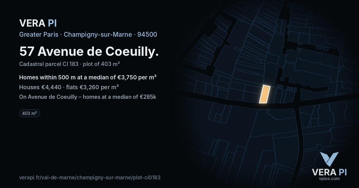 57 Avenue de Coeuilly, Champigny-sur-Marne at night – the plot lit, the parcels around coloured by the prices near them