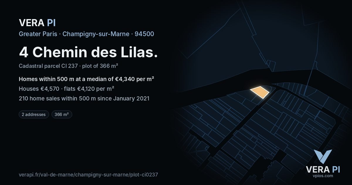 4 Chemin des Lilas, Champigny-sur-Marne at night – the plot lit, the parcels around coloured by the prices near them