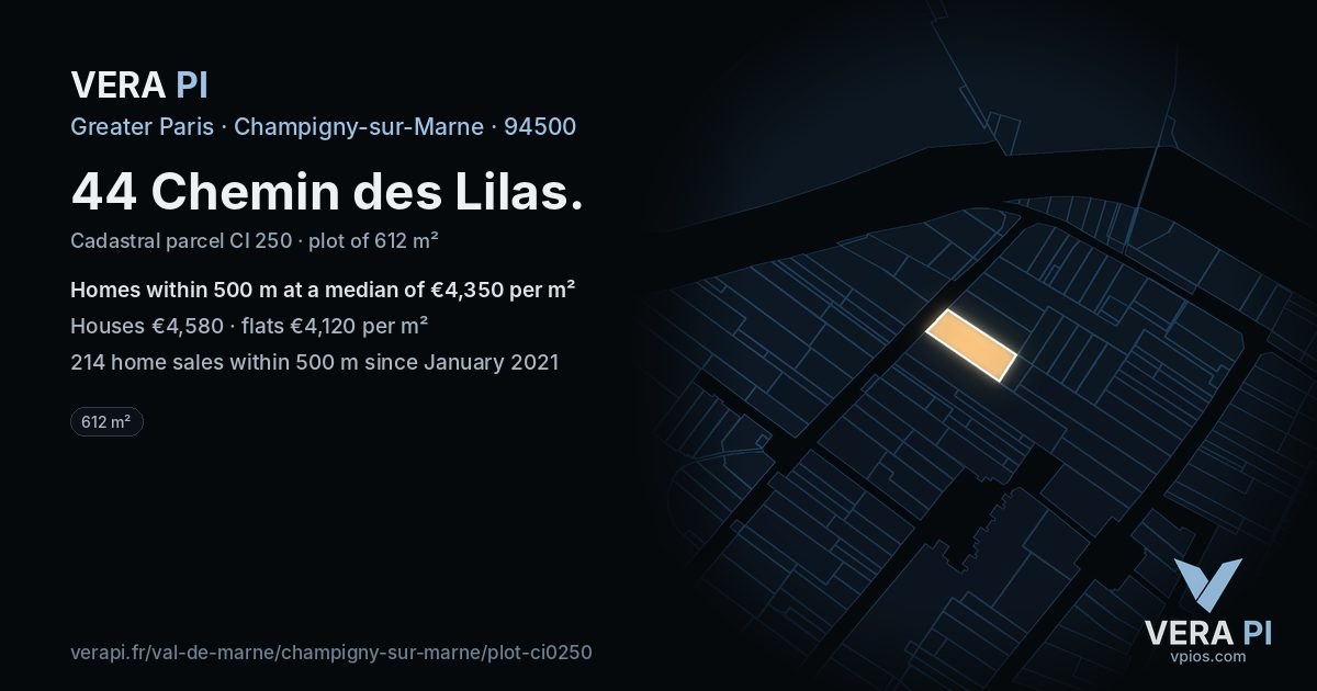 44 Chemin des Lilas, Champigny-sur-Marne at night – the plot lit, the parcels around coloured by the prices near them