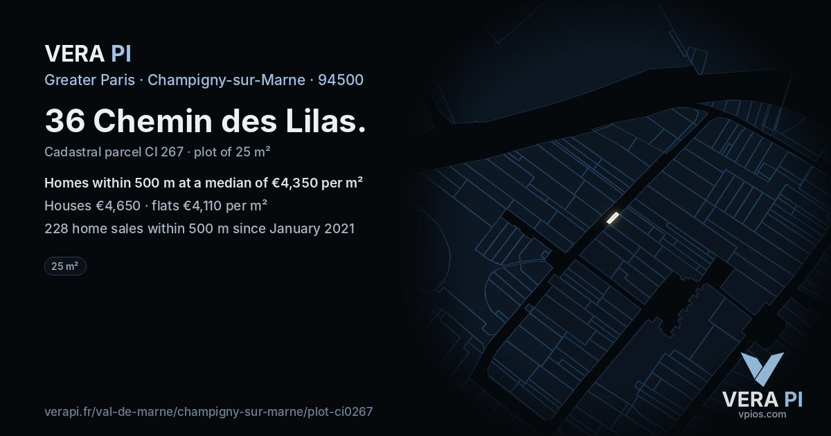 36 Chemin des Lilas, Champigny-sur-Marne at night – the plot lit, the parcels around coloured by the prices near them