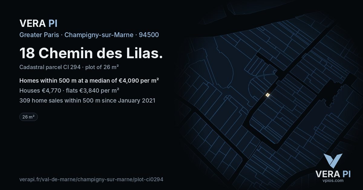 18 Chemin des Lilas, Champigny-sur-Marne at night – the plot lit, the parcels around coloured by the prices near them