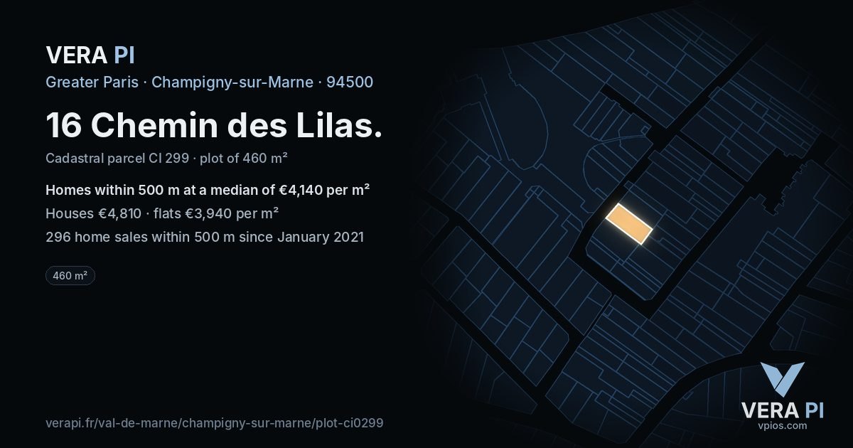 16 Chemin des Lilas, Champigny-sur-Marne at night – the plot lit, the parcels around coloured by the prices near them