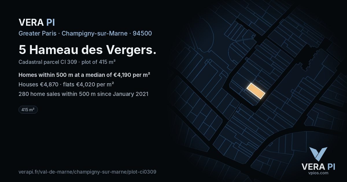 5 Hameau des Vergers, Champigny-sur-Marne at night – the plot lit, the parcels around coloured by the prices near them