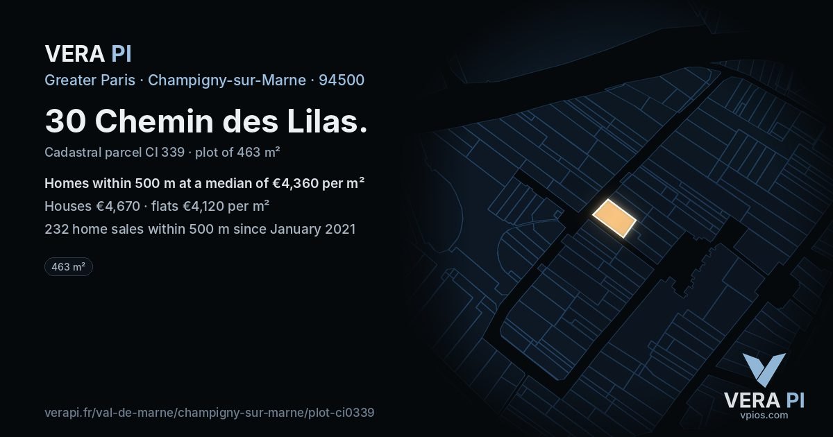 30 Chemin des Lilas, Champigny-sur-Marne at night – the plot lit, the parcels around coloured by the prices near them