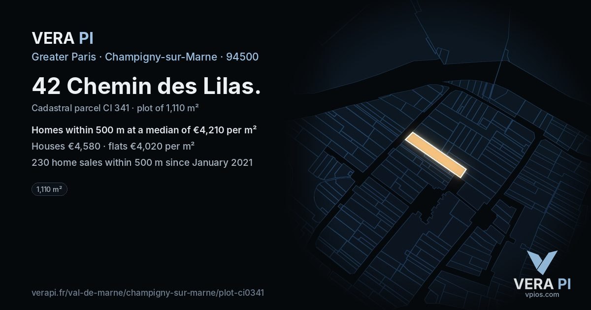 42 Chemin des Lilas, Champigny-sur-Marne at night – the plot lit, the parcels around coloured by the prices near them