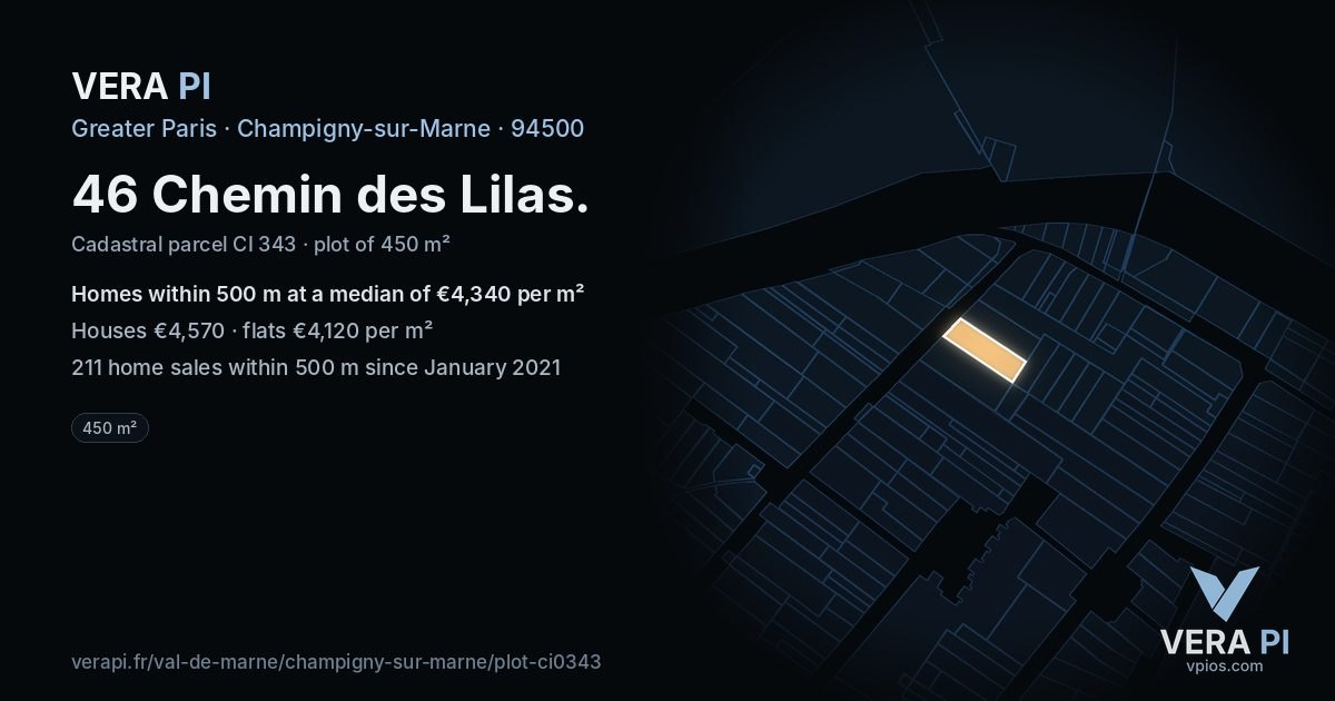 46 Chemin des Lilas, Champigny-sur-Marne at night – the plot lit, the parcels around coloured by the prices near them