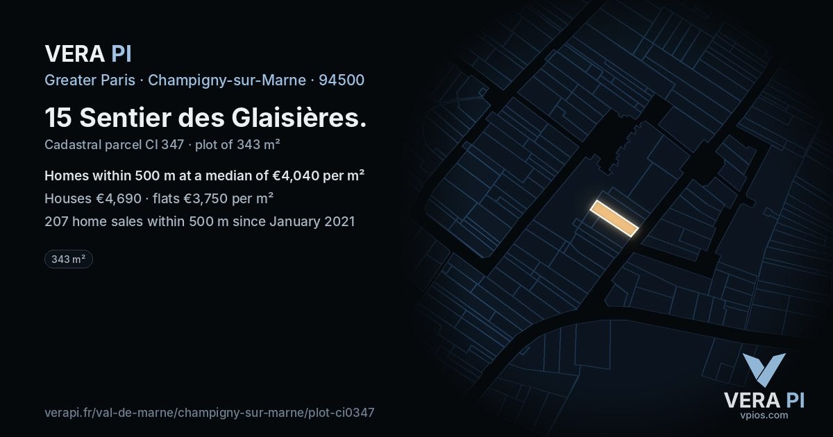 15 Sentier des Glaisières, Champigny-sur-Marne at night – the plot lit, the parcels around coloured by the prices near them
