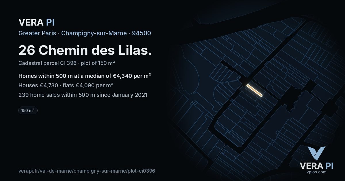 26 Chemin des Lilas, Champigny-sur-Marne at night – the plot lit, the parcels around coloured by the prices near them