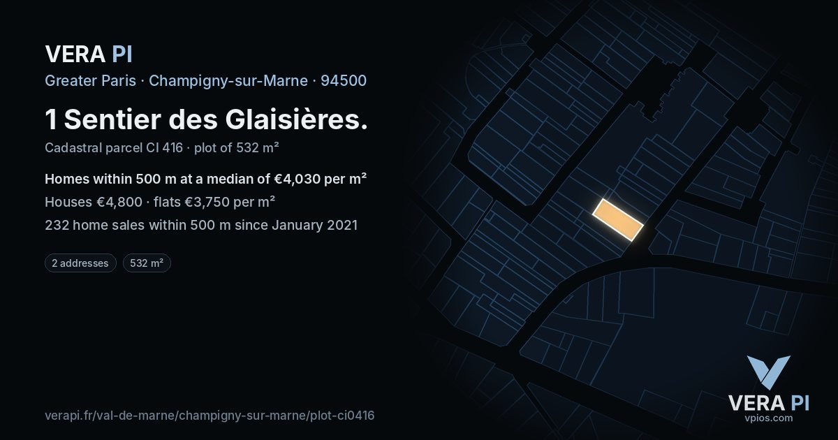 1 Sentier des Glaisières, Champigny-sur-Marne at night – the plot lit, the parcels around coloured by the prices near them
