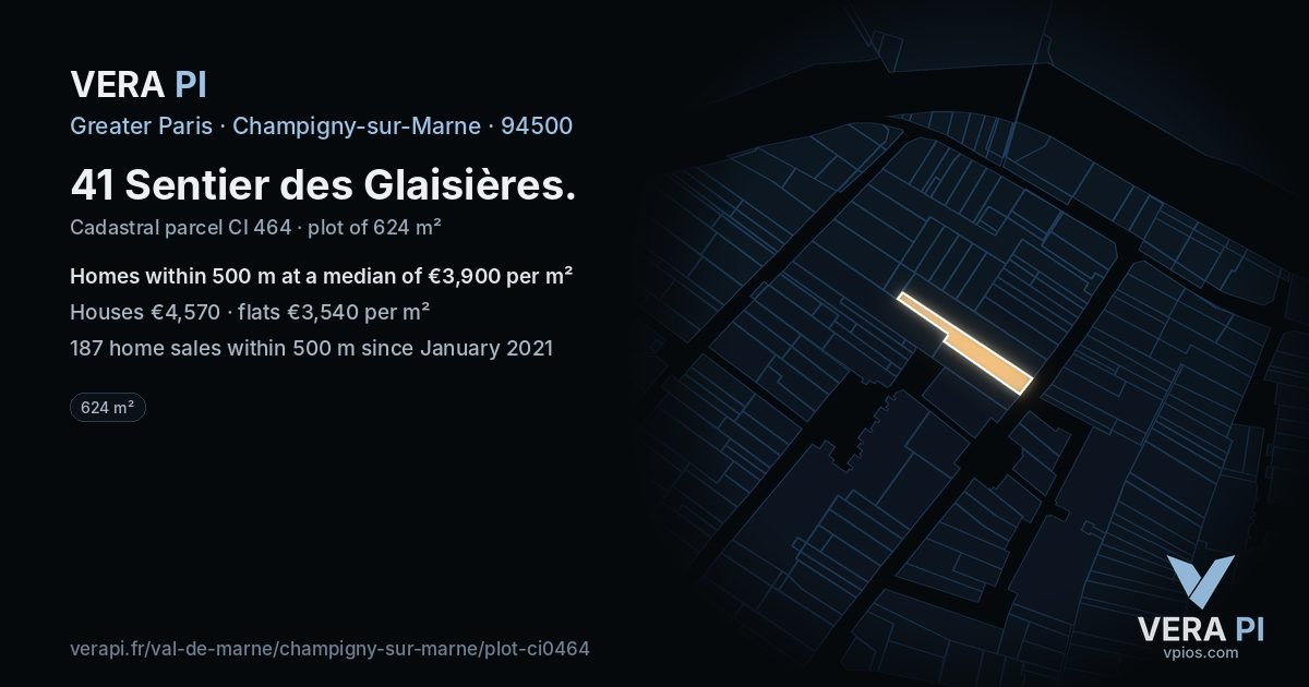 41 Sentier des Glaisières, Champigny-sur-Marne at night – the plot lit, the parcels around coloured by the prices near them