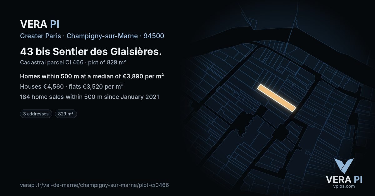 43 bis Sentier des Glaisières, Champigny-sur-Marne at night – the plot lit, the parcels around coloured by the prices near them