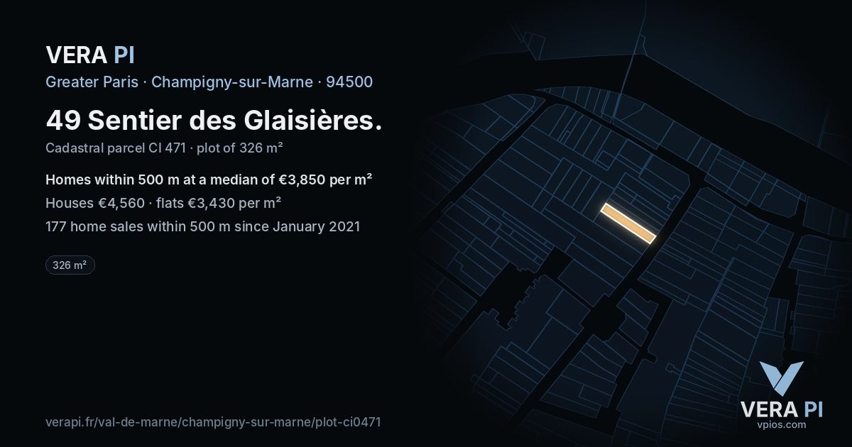 49 Sentier des Glaisières, Champigny-sur-Marne at night – the plot lit, the parcels around coloured by the prices near them