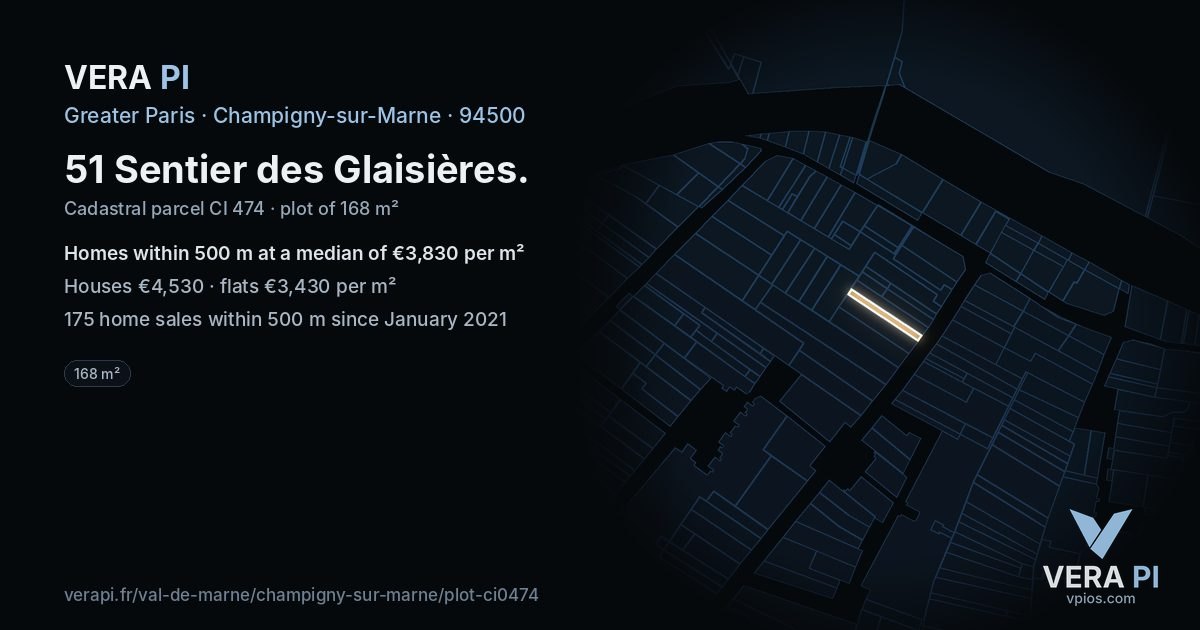 51 Sentier des Glaisières, Champigny-sur-Marne at night – the plot lit, the parcels around coloured by the prices near them