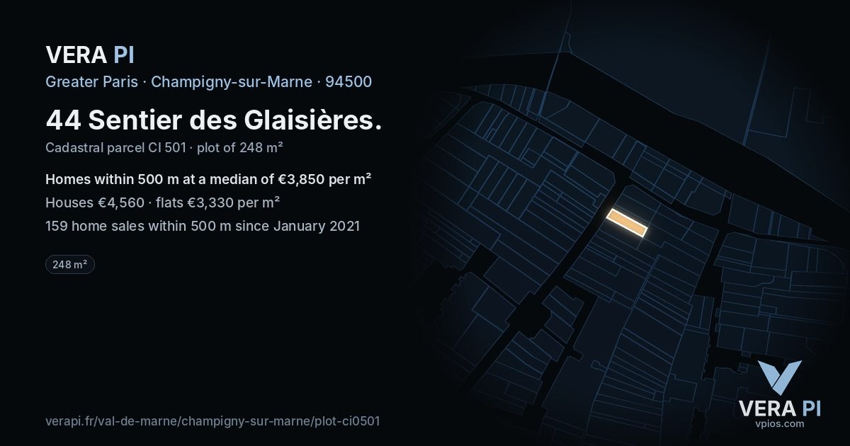 44 Sentier des Glaisières, Champigny-sur-Marne at night – the plot lit, the parcels around coloured by the prices near them