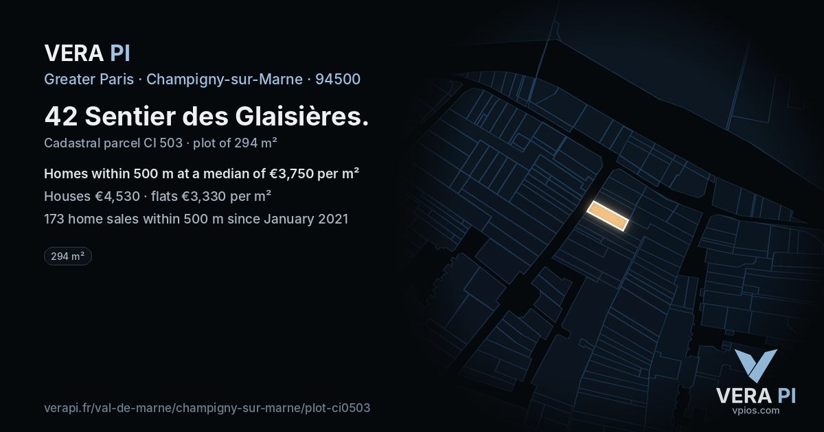 42 Sentier des Glaisières, Champigny-sur-Marne at night – the plot lit, the parcels around coloured by the prices near them