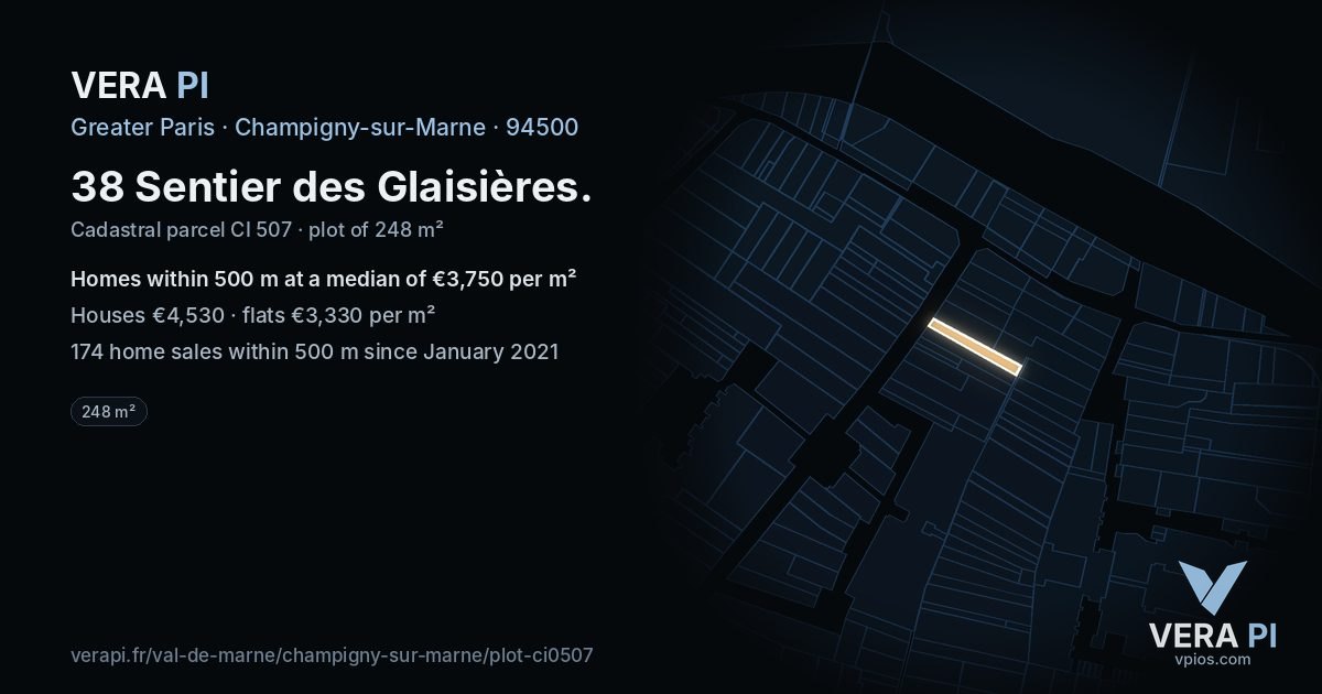 38 Sentier des Glaisières, Champigny-sur-Marne at night – the plot lit, the parcels around coloured by the prices near them