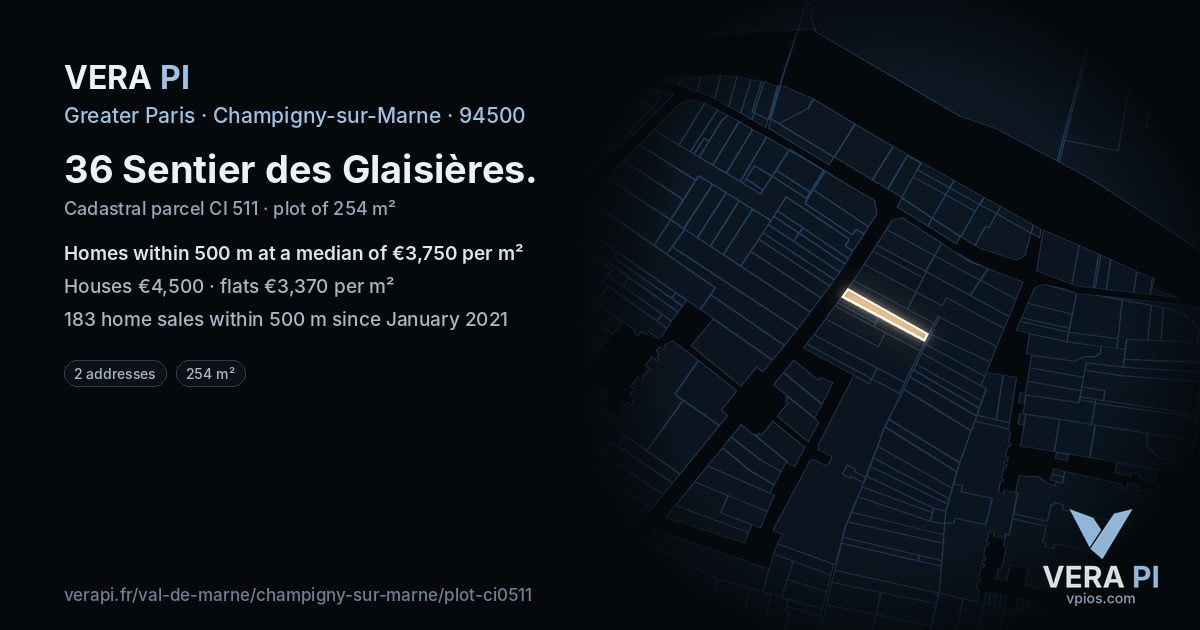 36 Sentier des Glaisières, Champigny-sur-Marne at night – the plot lit, the parcels around coloured by the prices near them