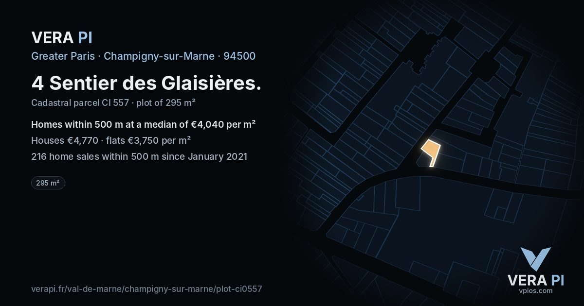 4 Sentier des Glaisières, Champigny-sur-Marne at night – the plot lit, the parcels around coloured by the prices near them