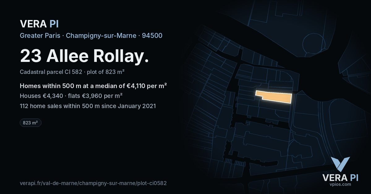 23 Allee Rollay, Champigny-sur-Marne at night – the plot lit, the parcels around coloured by the prices near them