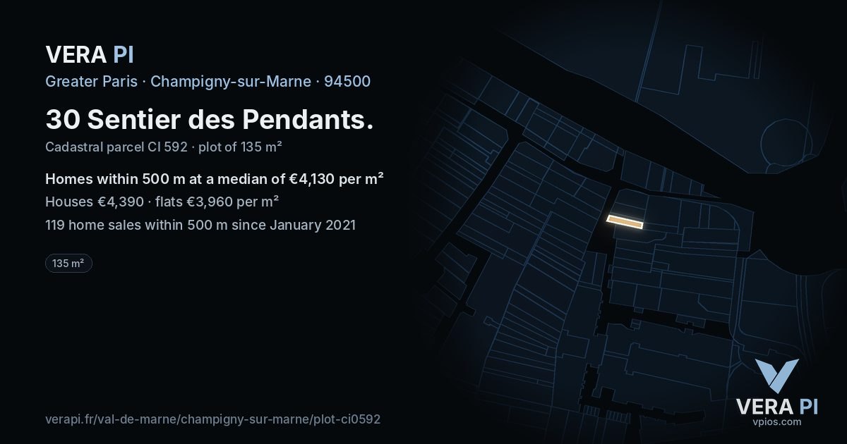 30 Sentier des Pendants, Champigny-sur-Marne at night – the plot lit, the parcels around coloured by the prices near them