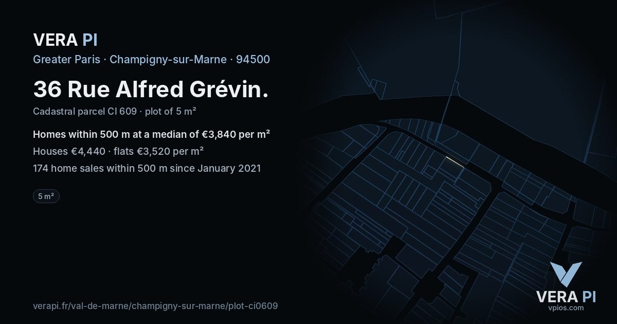 36 Rue Alfred Grévin, Champigny-sur-Marne at night – the plot lit, the parcels around coloured by the prices near them