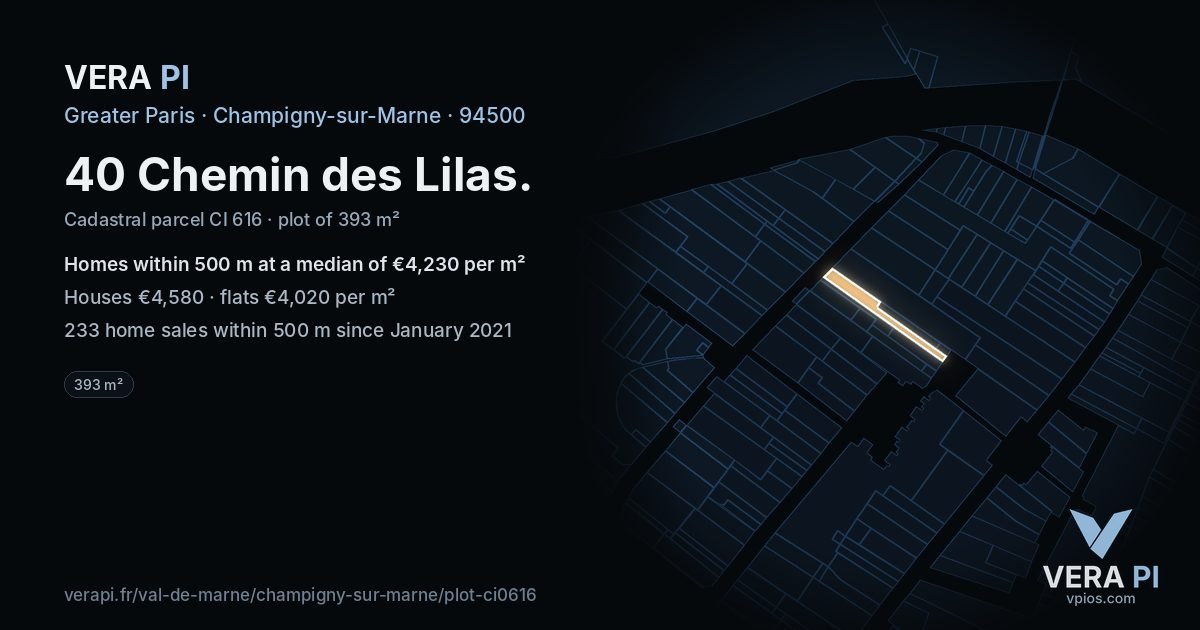 40 Chemin des Lilas, Champigny-sur-Marne at night – the plot lit, the parcels around coloured by the prices near them