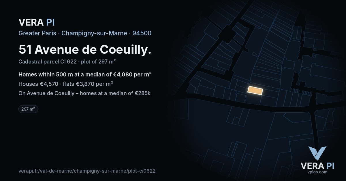 51 Avenue de Coeuilly, Champigny-sur-Marne at night – the plot lit, the parcels around coloured by the prices near them