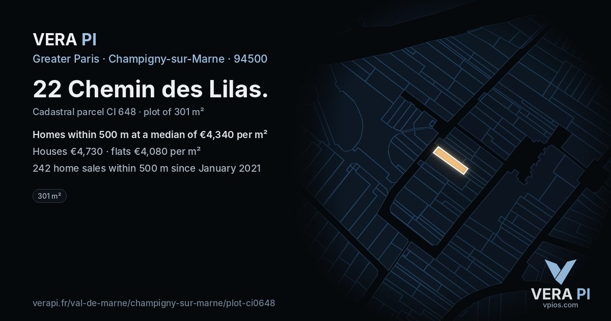 22 Chemin des Lilas, Champigny-sur-Marne at night – the plot lit, the parcels around coloured by the prices near them