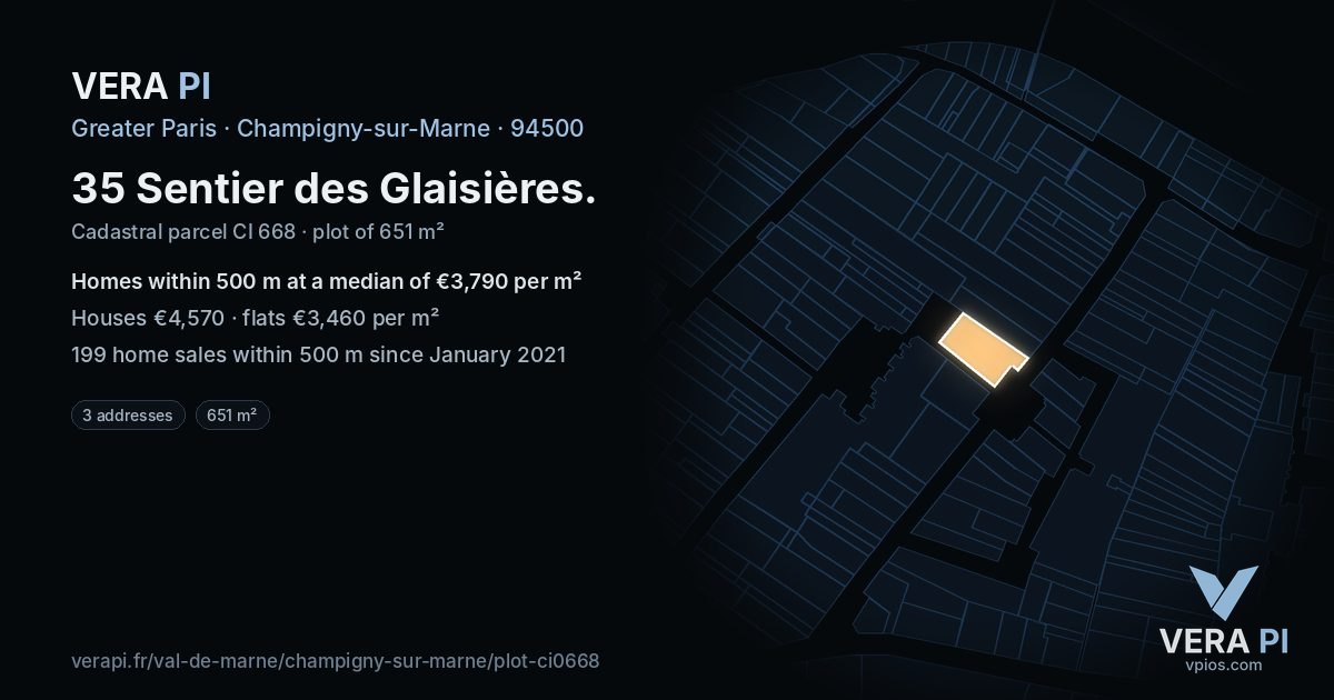 35 Sentier des Glaisières, Champigny-sur-Marne at night – the plot lit, the parcels around coloured by the prices near them