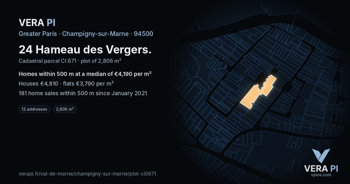 24 Hameau des Vergers, Champigny-sur-Marne at night – the plot lit, the parcels around coloured by the prices near them