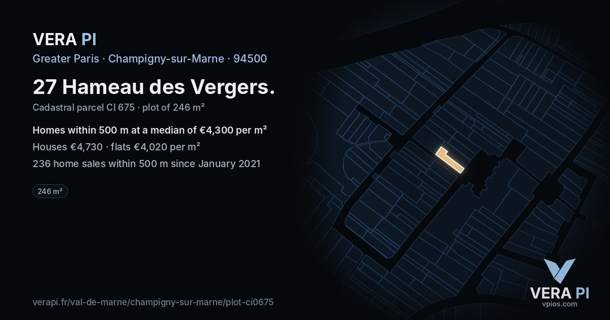 27 Hameau des Vergers, Champigny-sur-Marne at night – the plot lit, the parcels around coloured by the prices near them