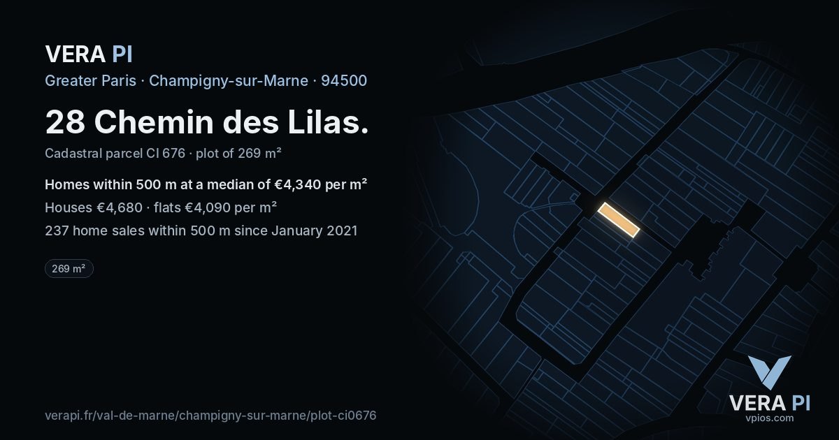 28 Chemin des Lilas, Champigny-sur-Marne at night – the plot lit, the parcels around coloured by the prices near them