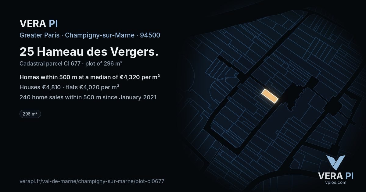 25 Hameau des Vergers, Champigny-sur-Marne at night – the plot lit, the parcels around coloured by the prices near them