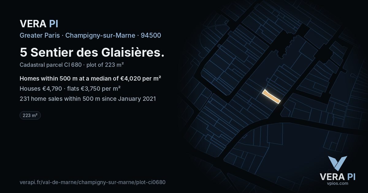 5 Sentier des Glaisières, Champigny-sur-Marne at night – the plot lit, the parcels around coloured by the prices near them