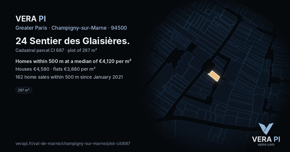 24 Sentier des Glaisières, Champigny-sur-Marne at night – the plot lit, the parcels around coloured by the prices near them