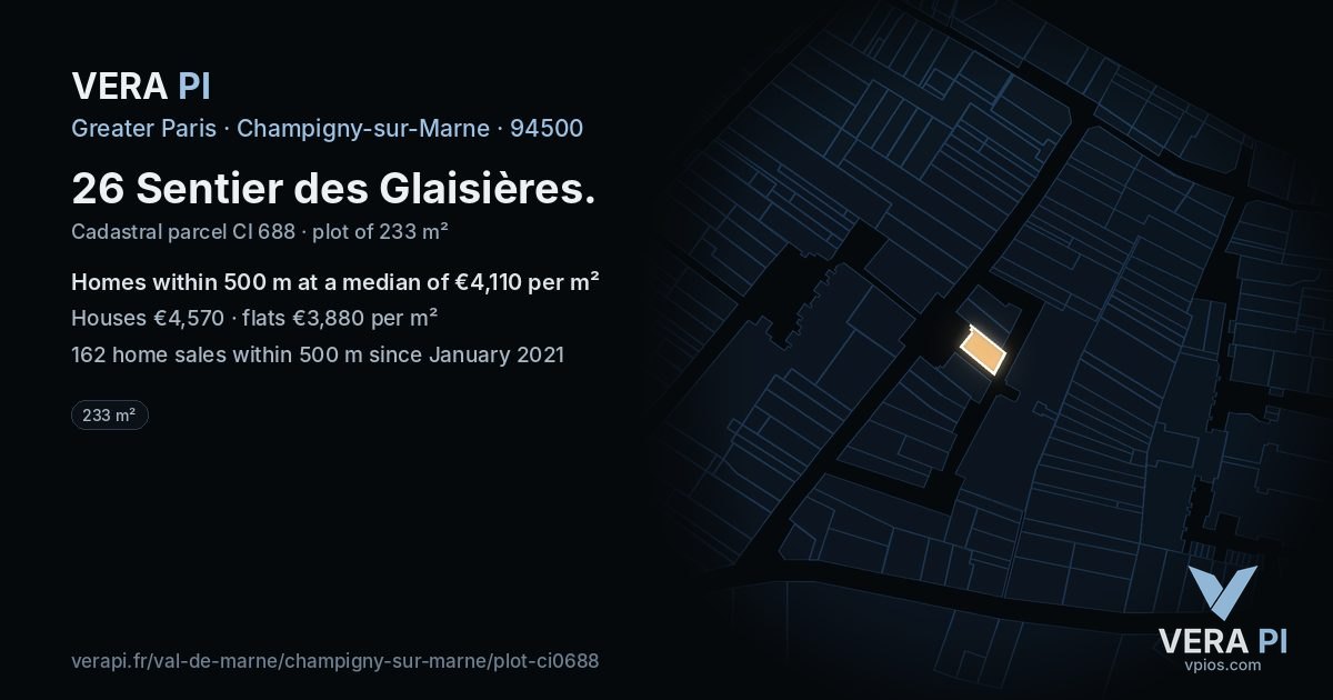 26 Sentier des Glaisières, Champigny-sur-Marne at night – the plot lit, the parcels around coloured by the prices near them
