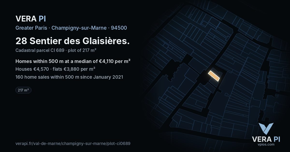 28 Sentier des Glaisières, Champigny-sur-Marne at night – the plot lit, the parcels around coloured by the prices near them