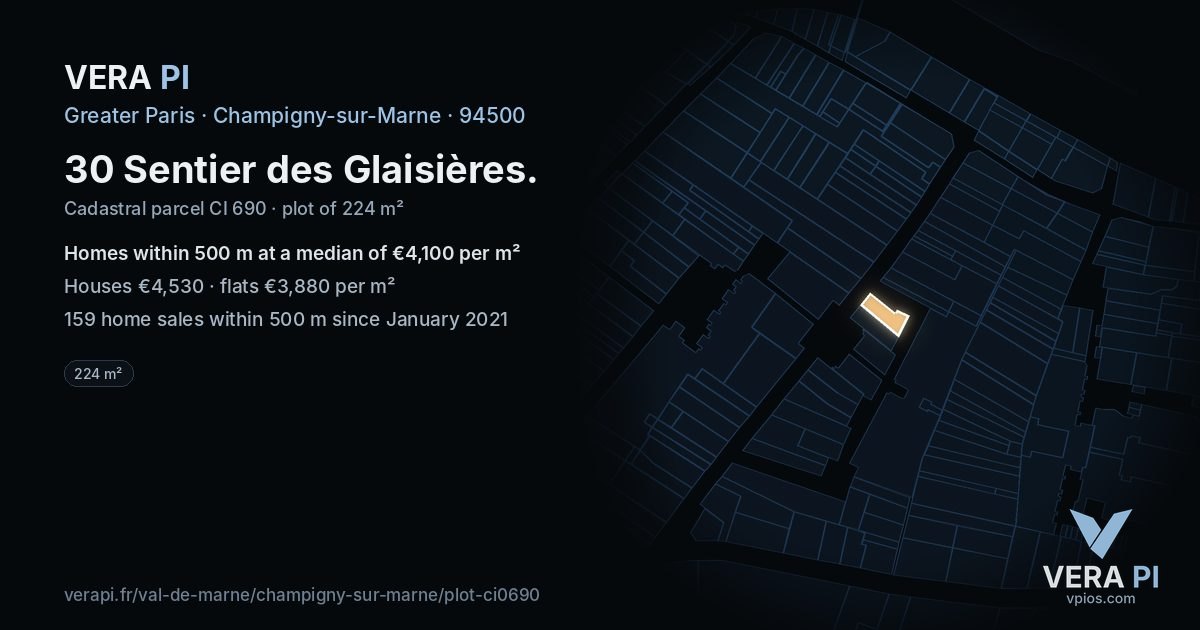 30 Sentier des Glaisières, Champigny-sur-Marne at night – the plot lit, the parcels around coloured by the prices near them