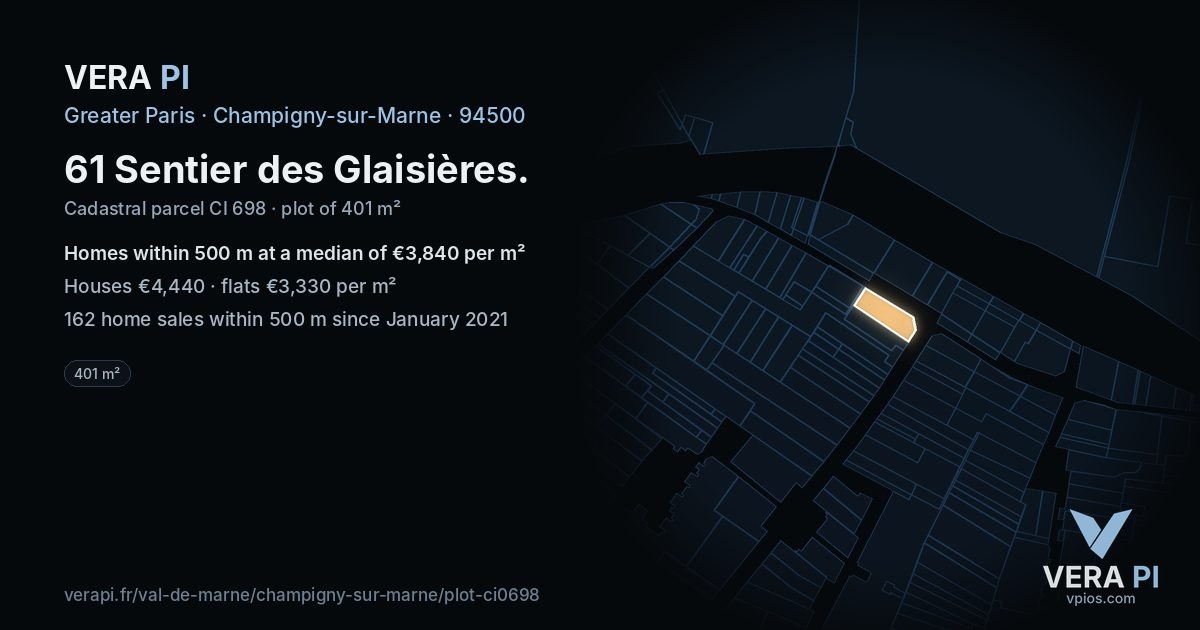 61 Sentier des Glaisières, Champigny-sur-Marne at night – the plot lit, the parcels around coloured by the prices near them